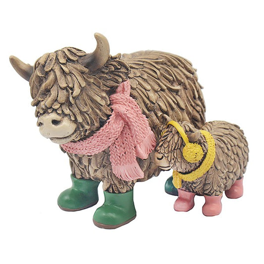 Highland Cow with Calf Ornament – Mother & Baby Cow Statue