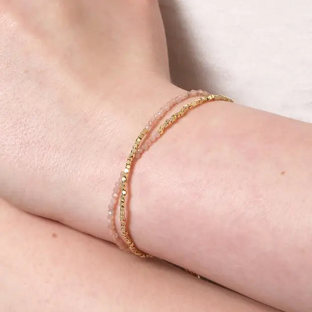 Pink Semi-Precious Stone Layered Beaded Bracelet in Gold