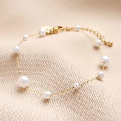 Stainless Steel Mixed Glass Pearl Chain Bracelet in Gold