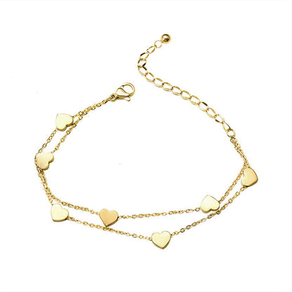 White Leaf - Heart Charm Dual Chain Bracelet in Gold