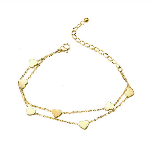 White Leaf - Heart Charm Dual Chain Bracelet in Gold