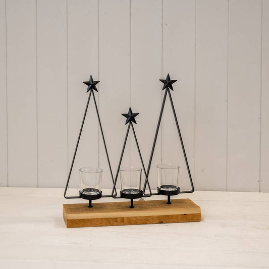 Large Black Metal Triple Tree Tealight Holder on Wooden Base