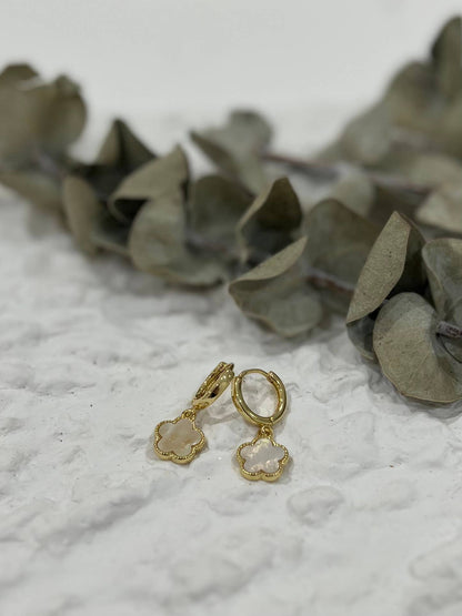 White Leaf - 5 Petal Flower Huggie Earring in Mother of Pearl