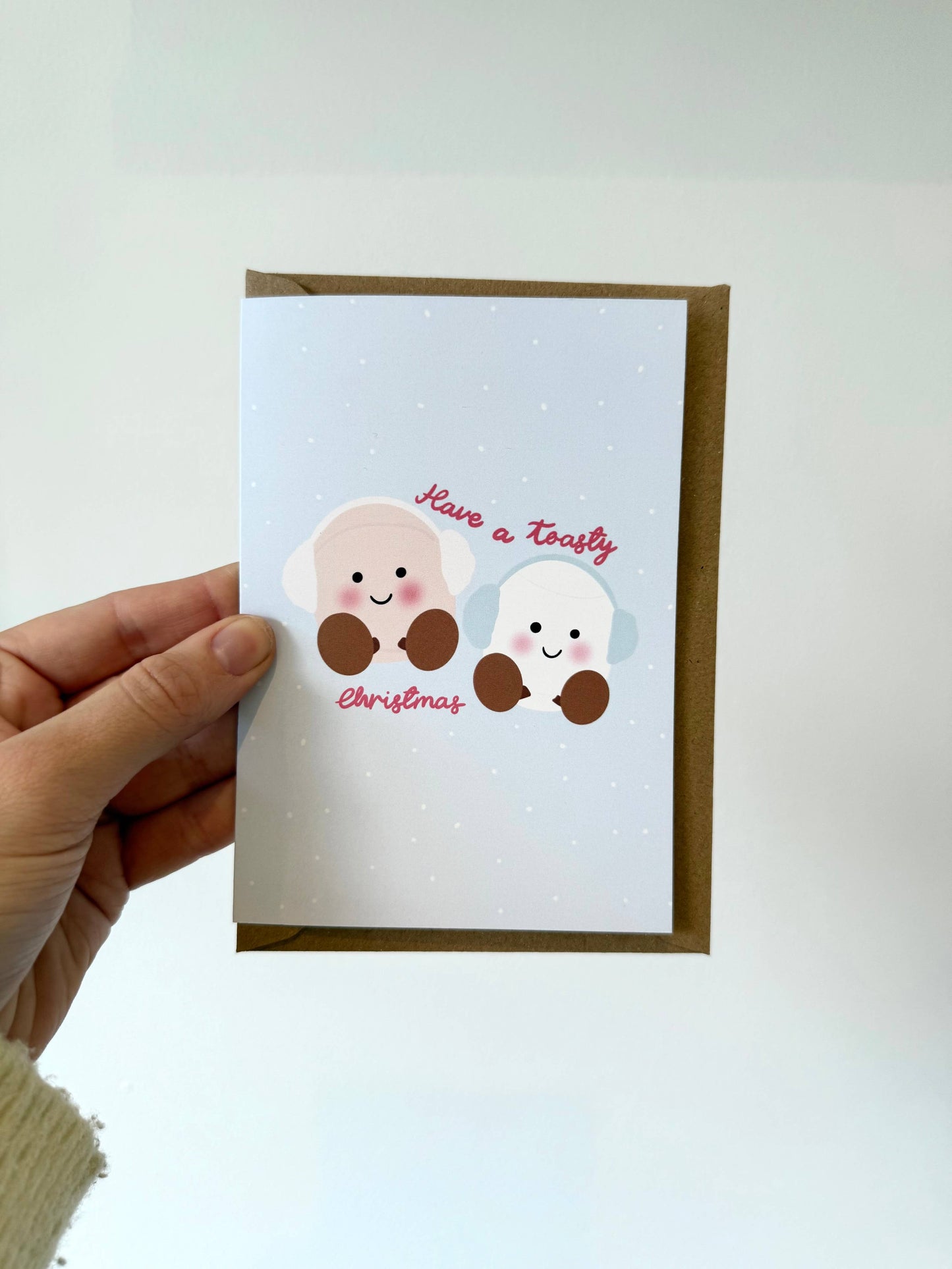 Gallerybylara - "Have a toasty Christmas" card. Cuddly toy. A6. Marshmallows
