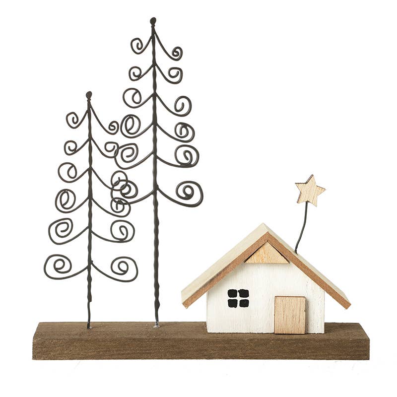 Heaven Sends - WOODEN HOUSE ON BLOCK WITH SPIRAL TREES
