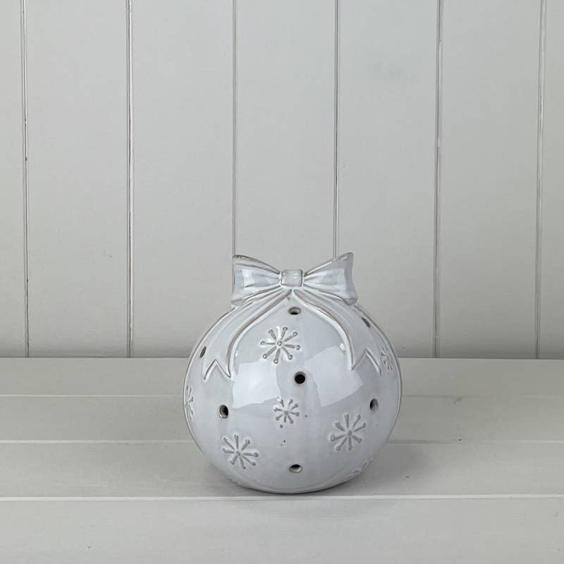 Glazed Ceramic Bauble With Bow Ornament