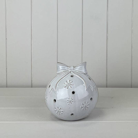 Glazed Ceramic Bauble With Bow Ornament