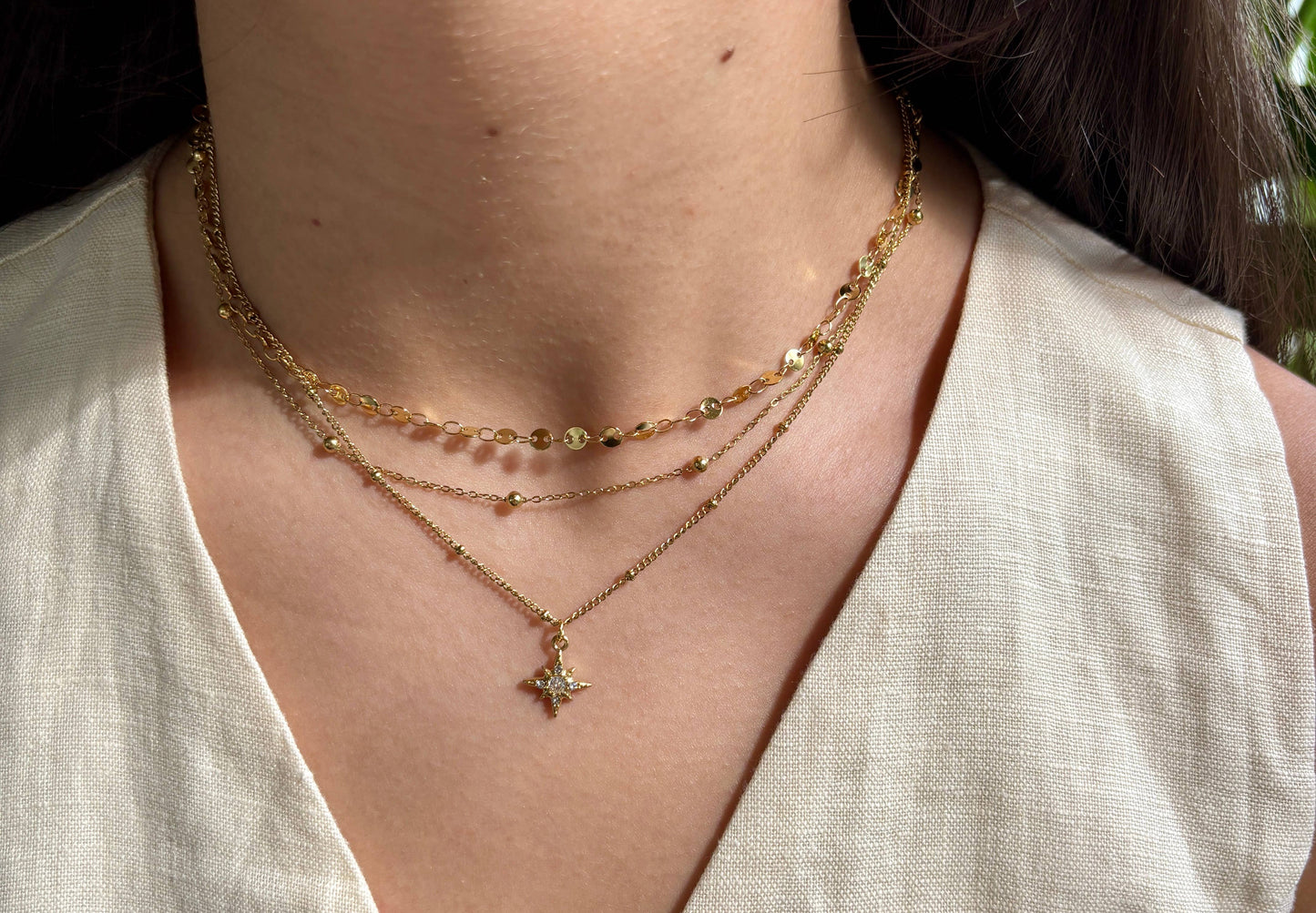 Ocean Ripples - 18ct Gold Plated Triple Chain Star Necklace 