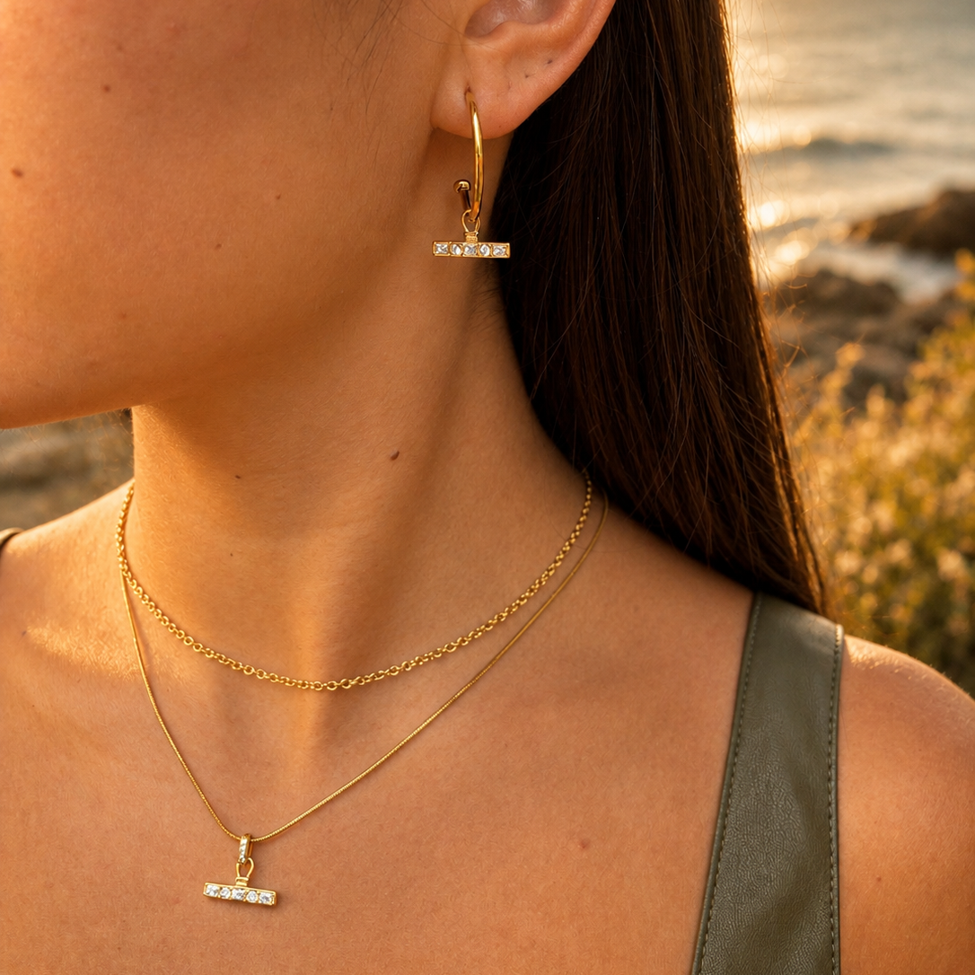 Ocean Ripples - 18ct Gold Plated Cubic Zirconia Baguette Hoop Earrings