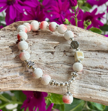 Ocean Ripples - Ceramic Beads Bracelet With Charm - Cracked Coral