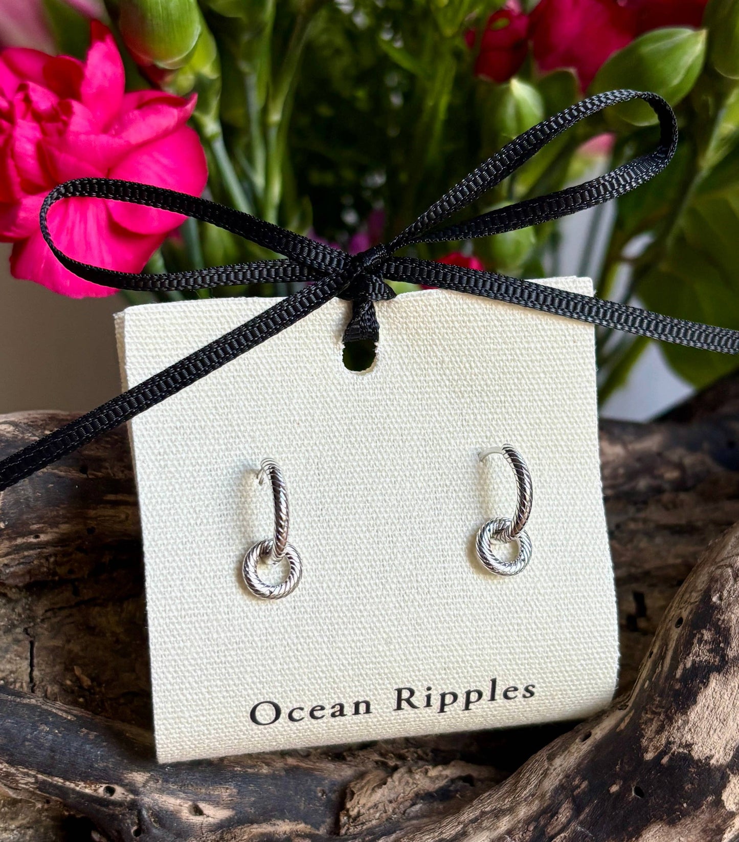 Ocean Ripples - 925 Sterling Silver Rope Texture Interlinked Hoops Earrings
