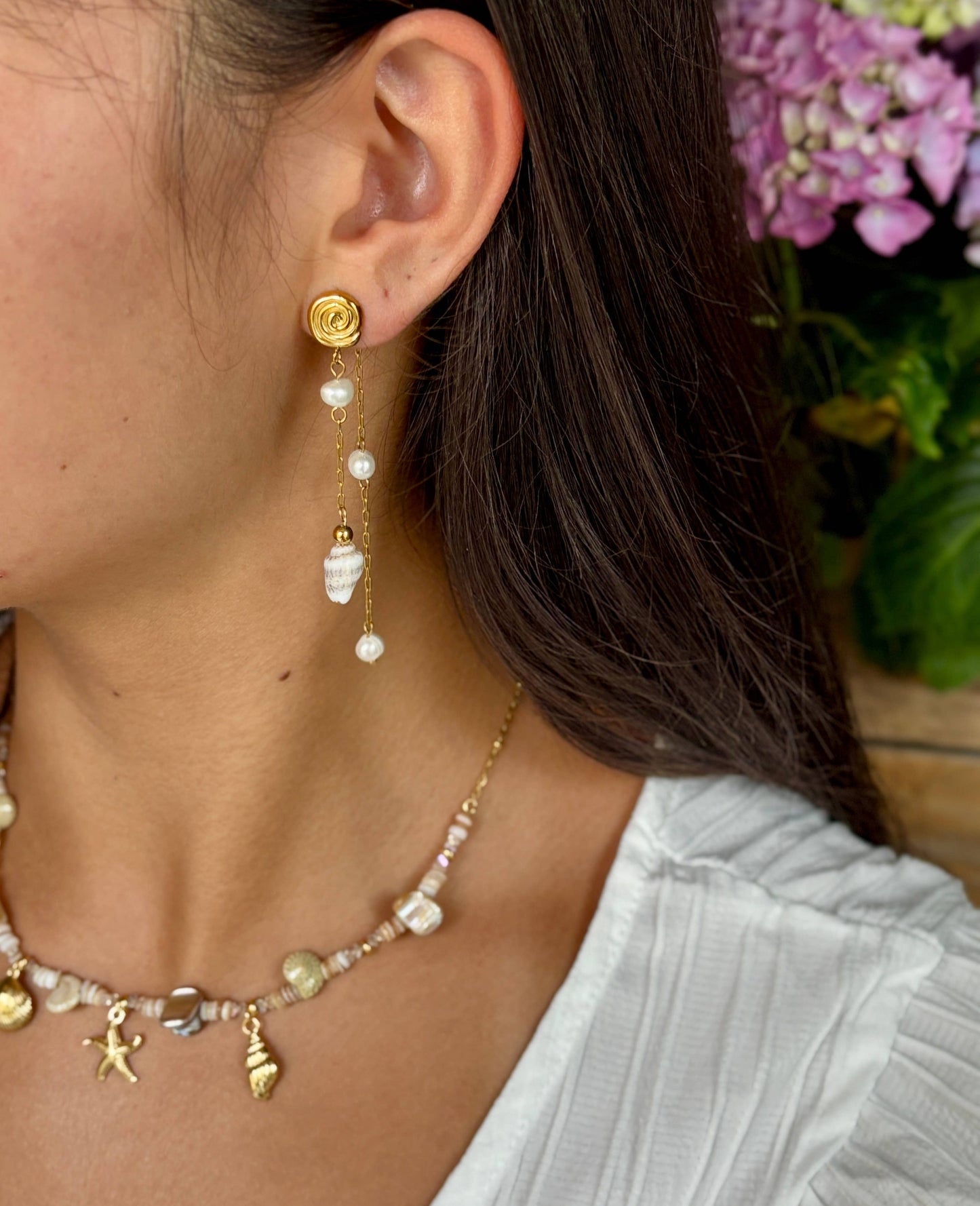 Ocean Ripples - 18ct Gold Plated Pearl Shell Dangle Earrings  