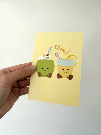 Gallerybylara - "cheers" greeting card. A6. Summer drinks. Cuddly toy