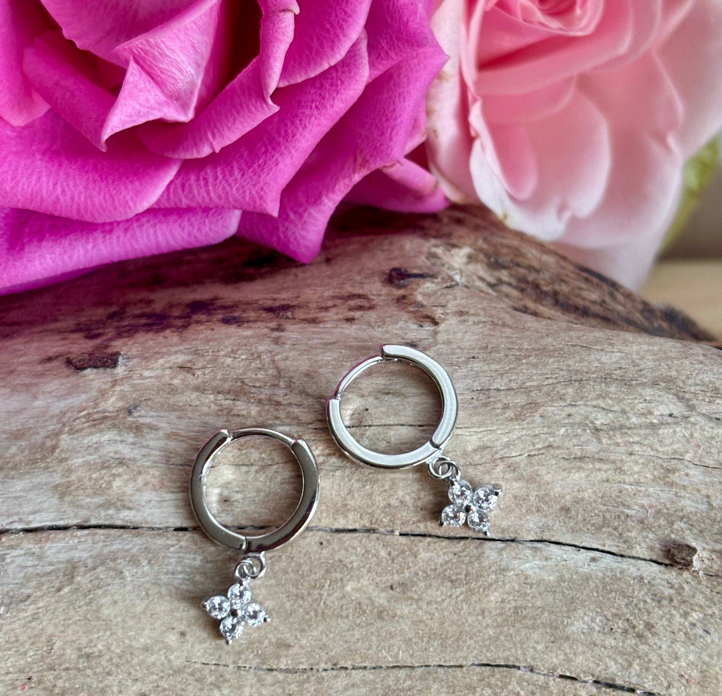 Ocean Ripples - 925 Sterling Silver Cubic Zirconia Clover Huggie Earrings