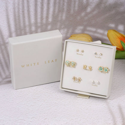 White Leaf - 7 Days Floral Earrings Box Set in Gold