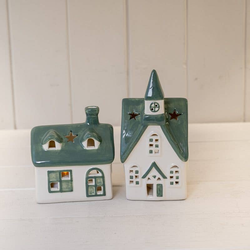 Satchville - White/Green Ceramic House Tealight