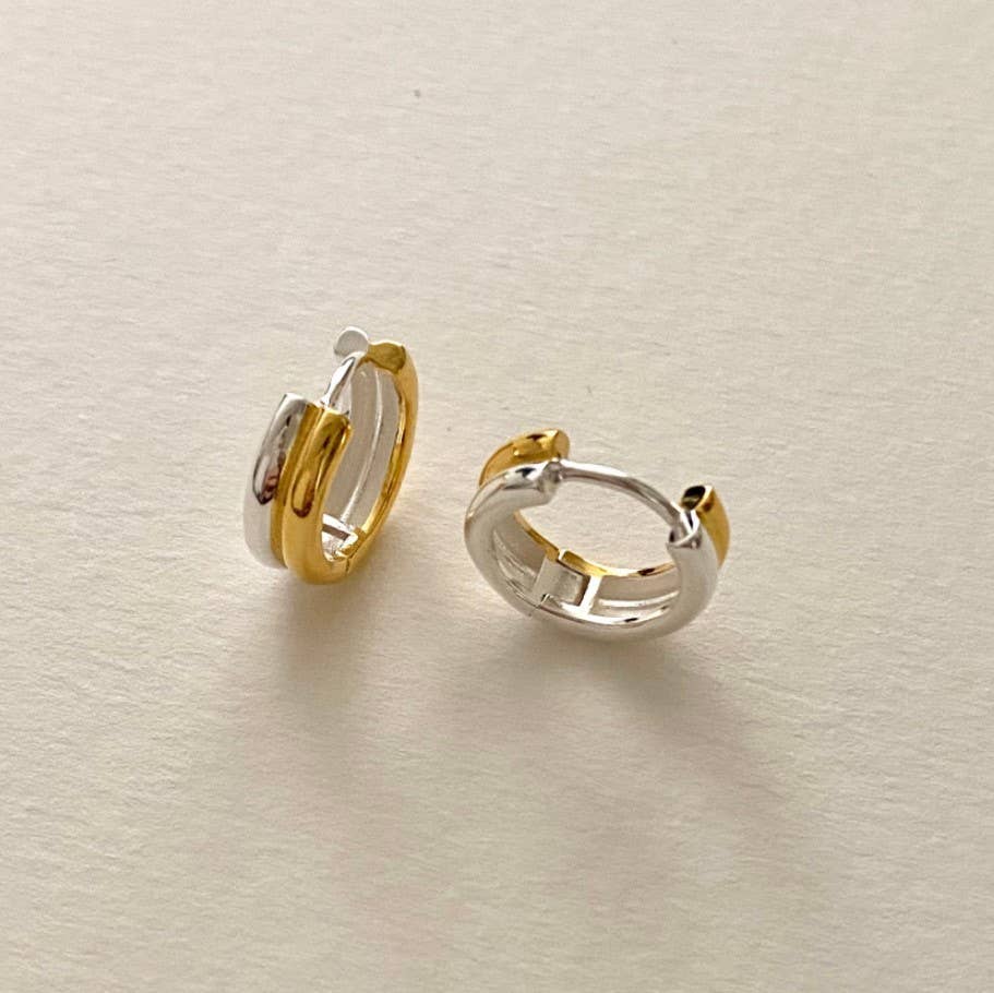 White Leaf - Multi Tonal Huggie Hoop in Gold & Sterling Silver