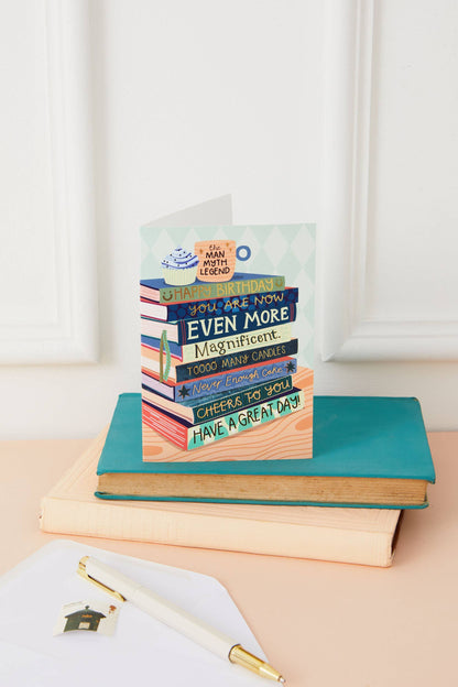 Two For Joy Illustration - Even More Magnificent Birthday - Bookish Birthday Card for Him - Foiled