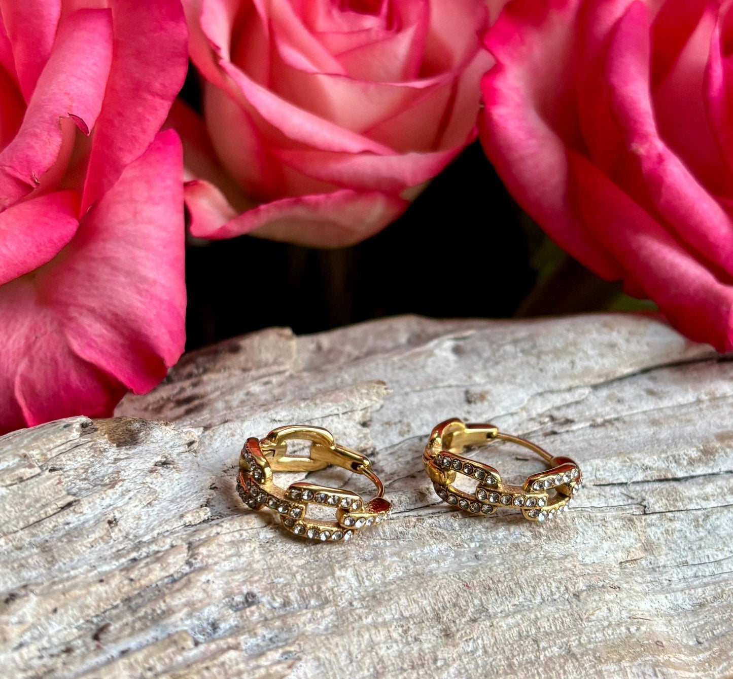 Ocean Ripples - 18ct Gold Plated Cubic Zirconia Link Hoop Earrings