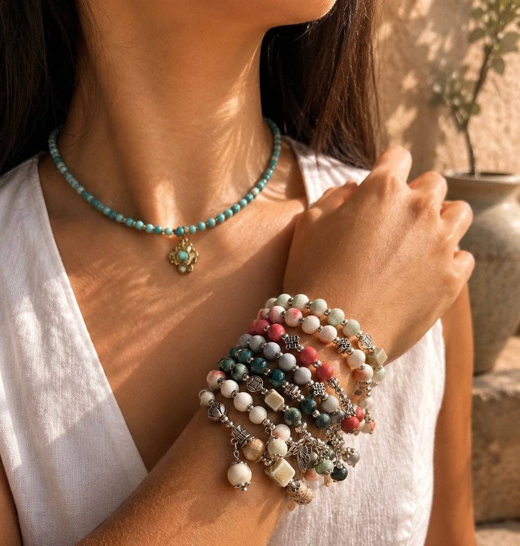 Ocean Ripples - Ceramic Beads Bracelet With Charm - Cracked Green