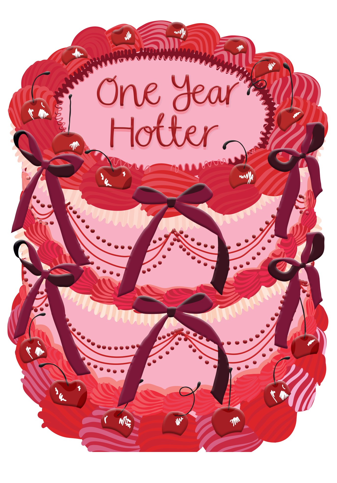 Two For Joy Illustration - One Year Hotter - Birthday Cake Shaped Greeting Card