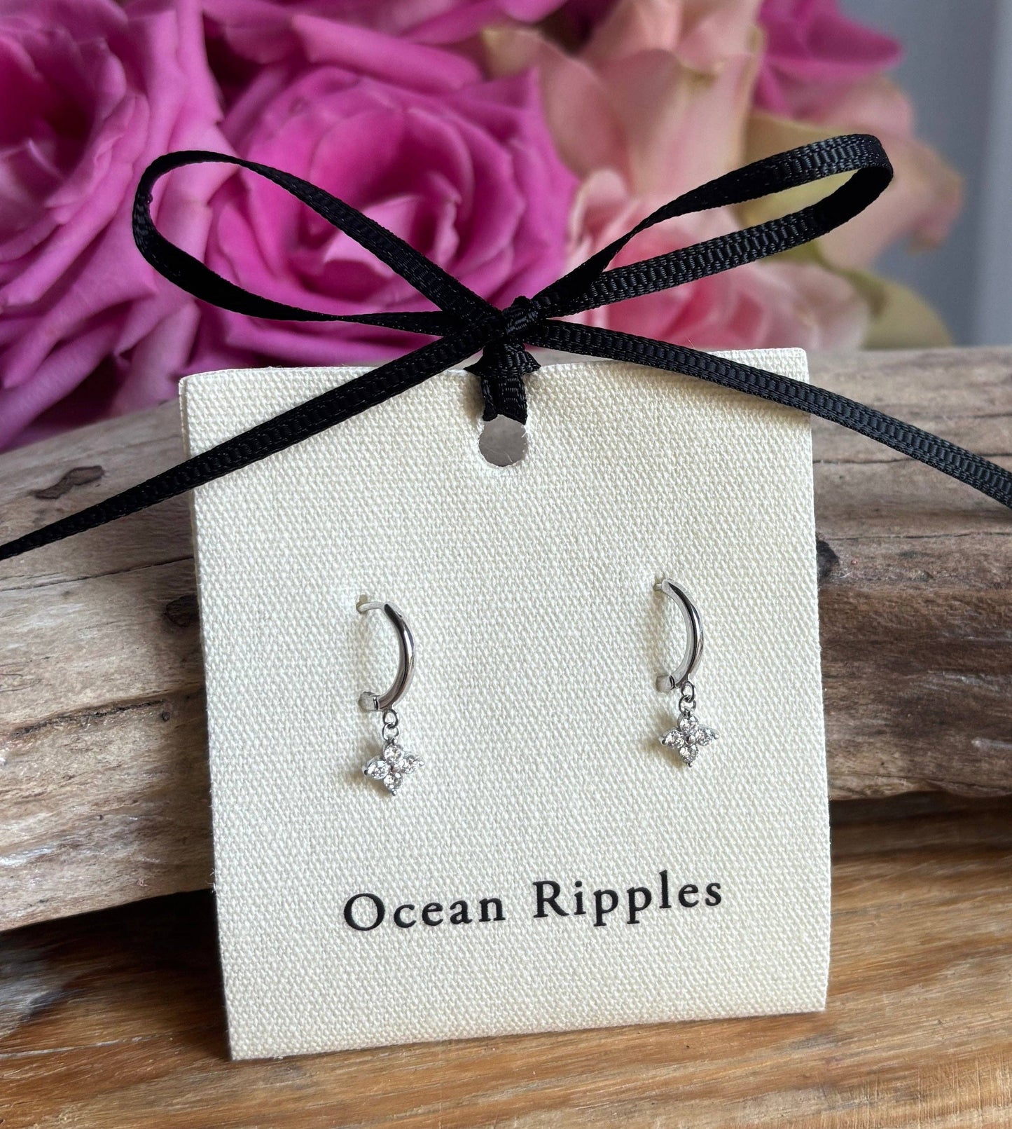 Ocean Ripples - 925 Sterling Silver Cubic Zirconia Clover Huggie Earrings