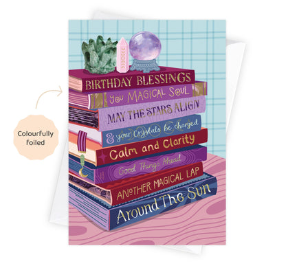 Two For Joy Illustration - Birthday Witchy Crystal Blessings - Foiled Bookish Birthday Card