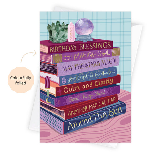 Two For Joy Illustration - Birthday Witchy Crystal Blessings - Foiled Bookish Birthday Card
