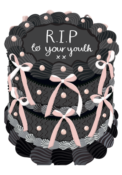 Two For Joy Illustration - RIP to your youth - Birthday Cake Shaped Greeting Card