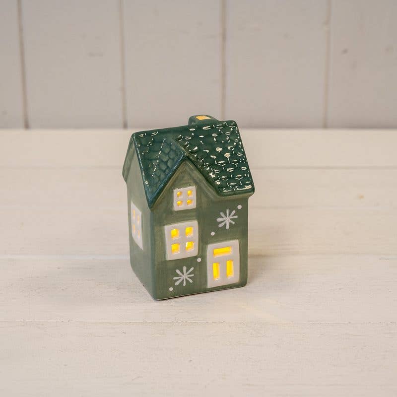 Satchville - Green Ceramic Led House With Double Snowflake Detail