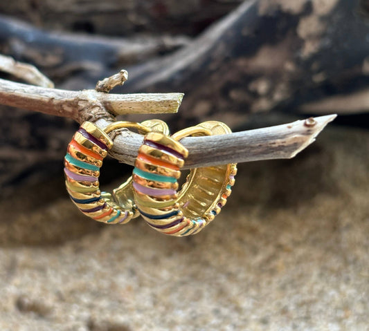 Ocean Ripples - 18ct Gold Plated Colourful Dome Huggie Earrings 