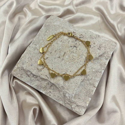 White Leaf - Heart Charm Dual Chain Bracelet in Gold