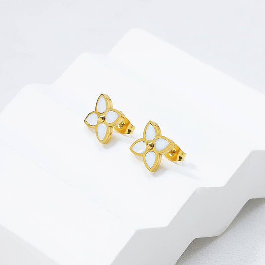 White Leaf - Four Leaf Flower Earring in Gold & Pearl