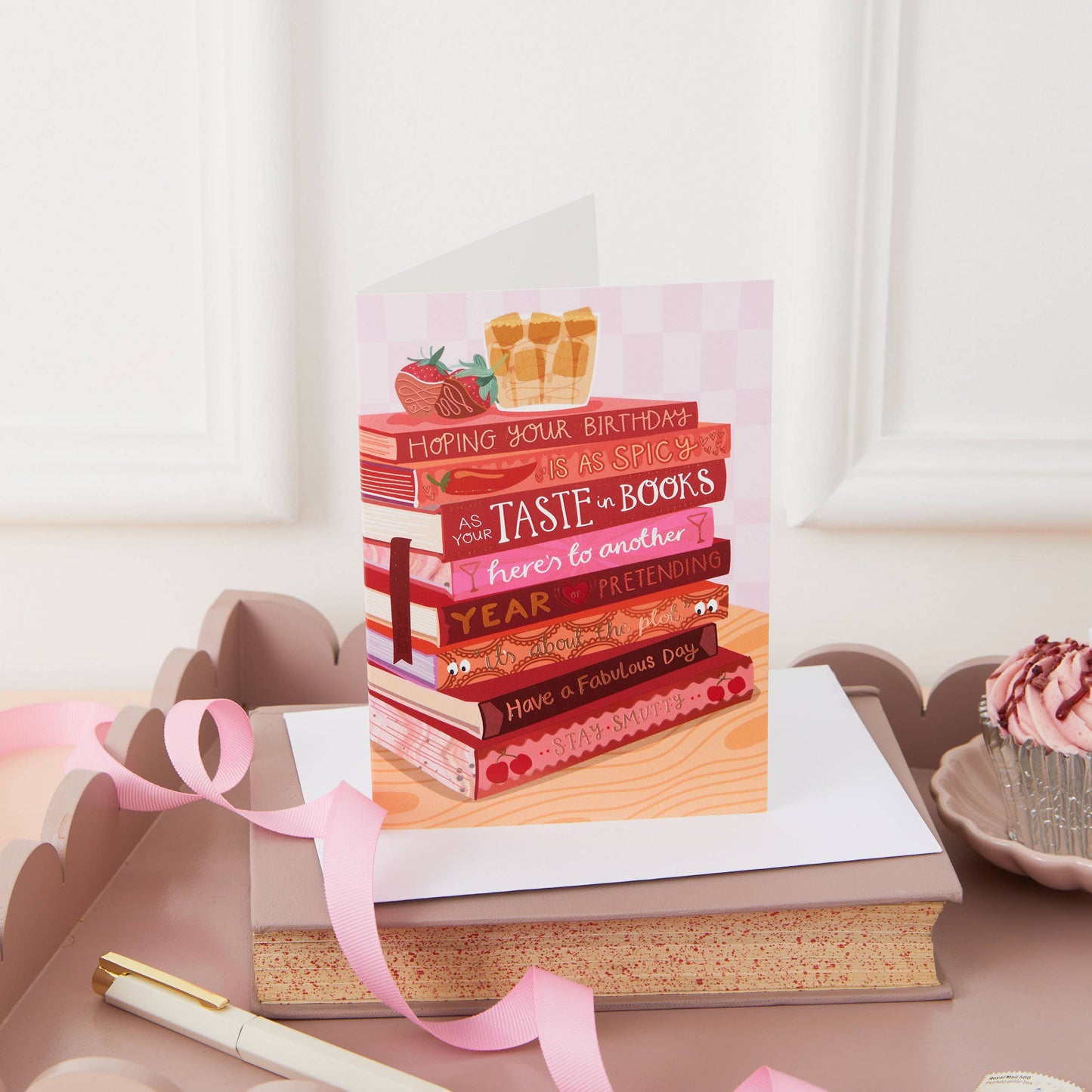 Two For Joy Illustration - Spicy Books & Ice Coffee - Foiled Bookish Birthday Card for a friend