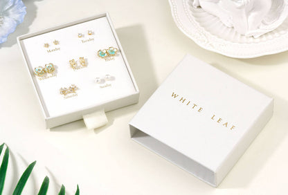 White Leaf - 7 Days Floral Earrings Box Set in Gold