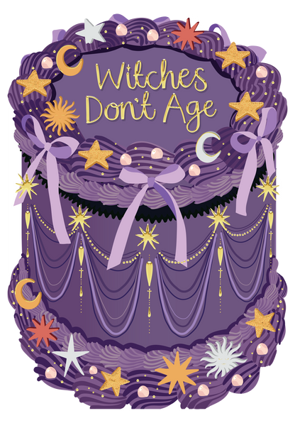 Two For Joy Illustration - Witches Don't Age - Birthday Cake Shaped Greeting Card