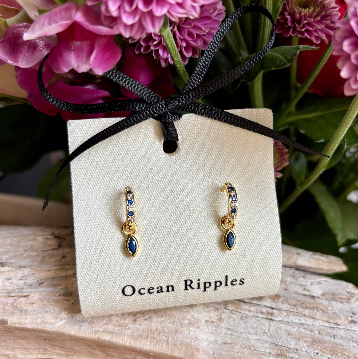 Ocean Ripples - 18ct Gold Plated Cubic Zirconia Drop Huggie Earrings