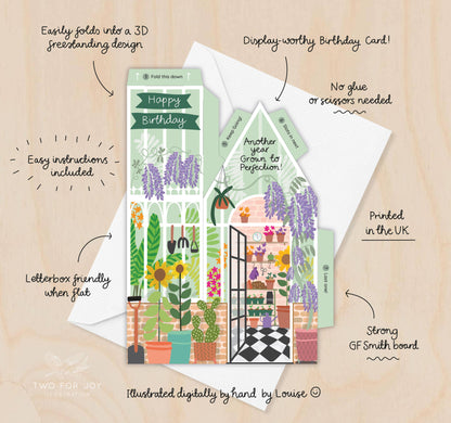 Two For Joy Illustration - Greenhouse Birthday Card – 3D Slot Together Greeting Card