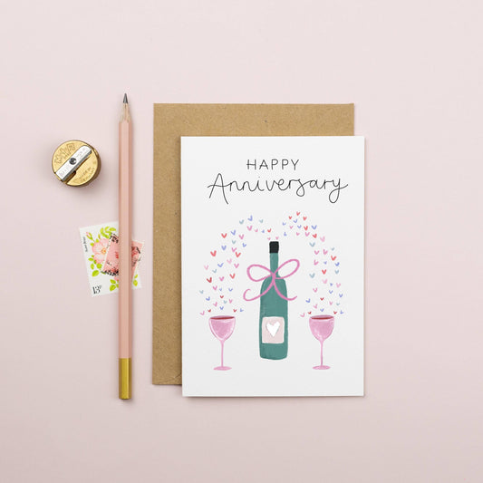 Elizabeth Mugridge - Happy Anniversary Card - Wine Bottle with Hearts & Love