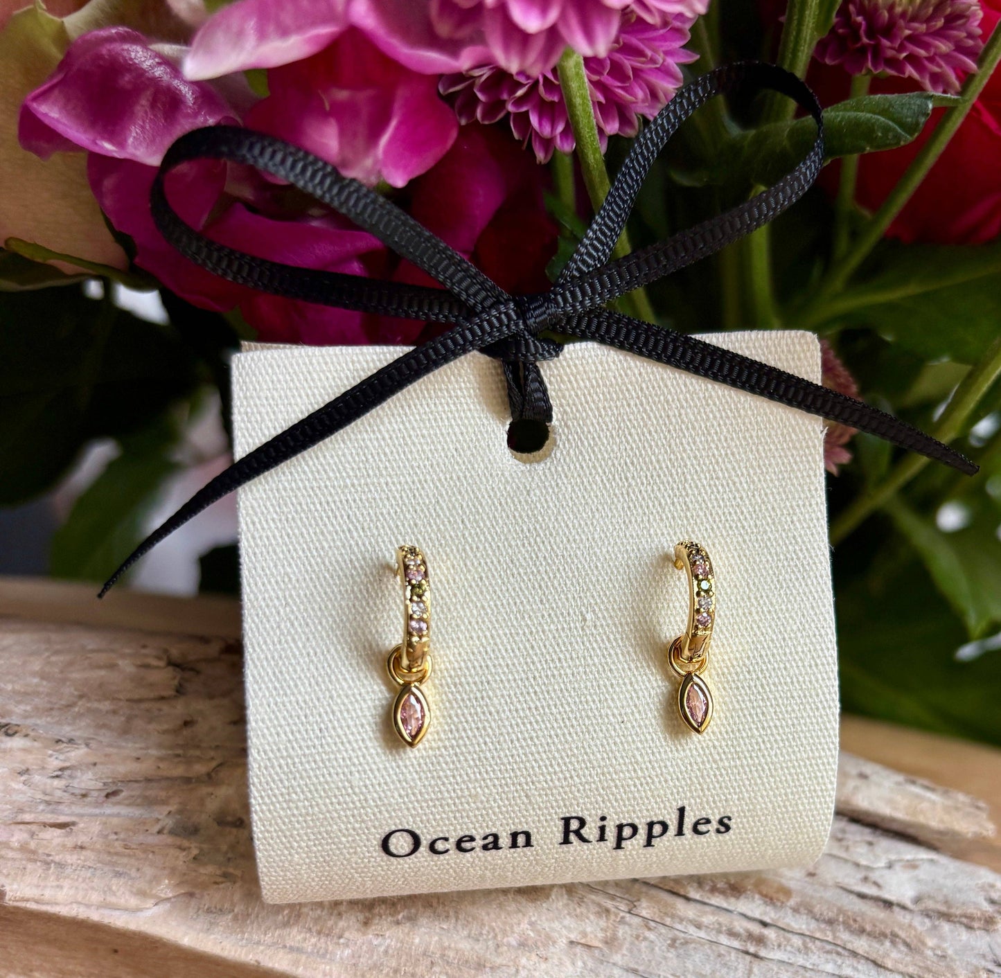 Ocean Ripples - 18ct Gold Plated Cubic Zirconia Drop Huggie Earrings