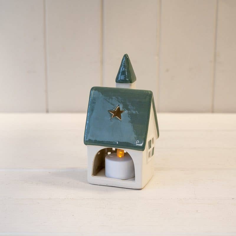 White/Green Ceramic House Tealight - christmas decoration