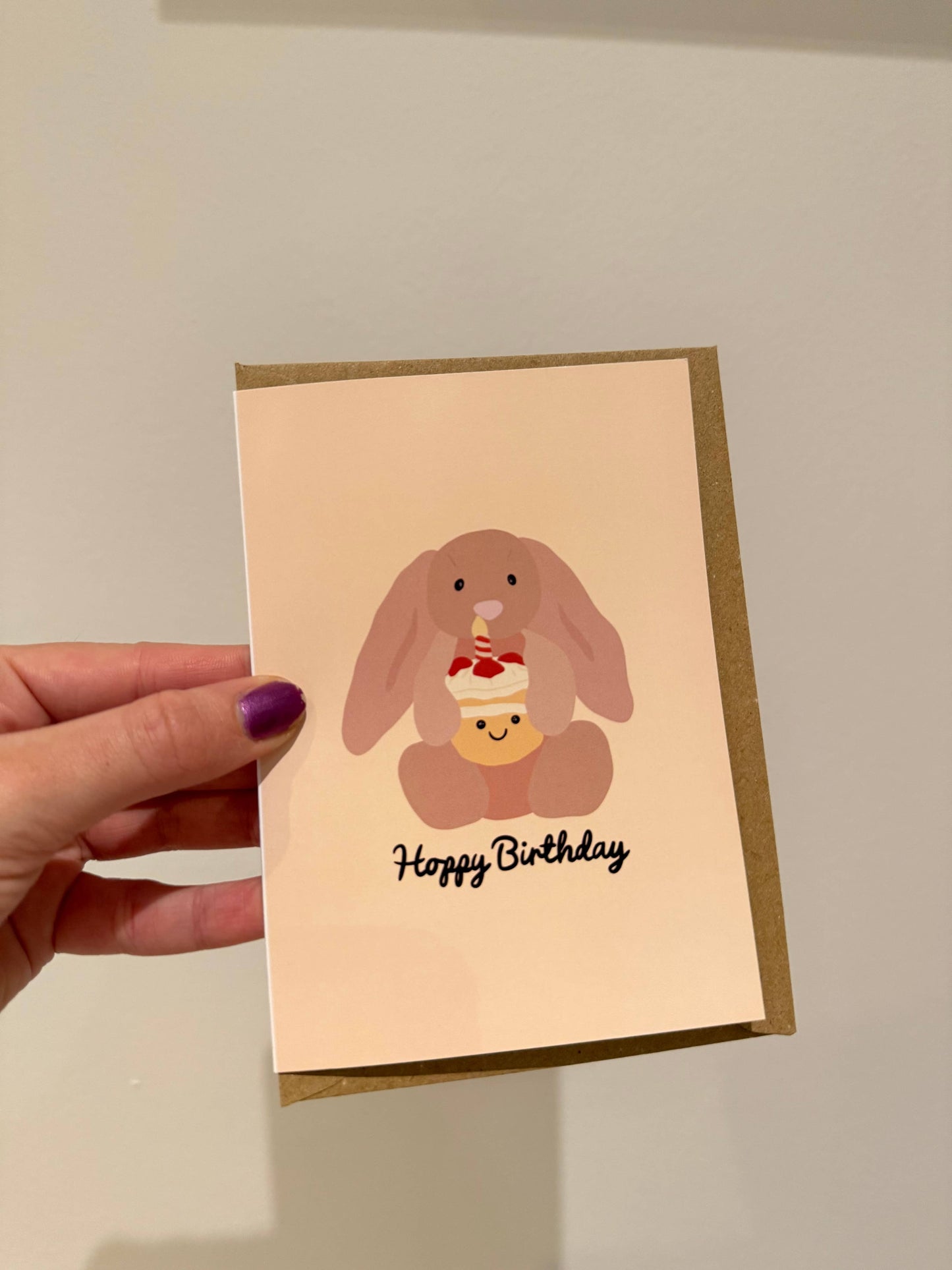 Gallerybylara - "Hoppy Birthday" birthday card. Bunny and cake - Jellycat inspired