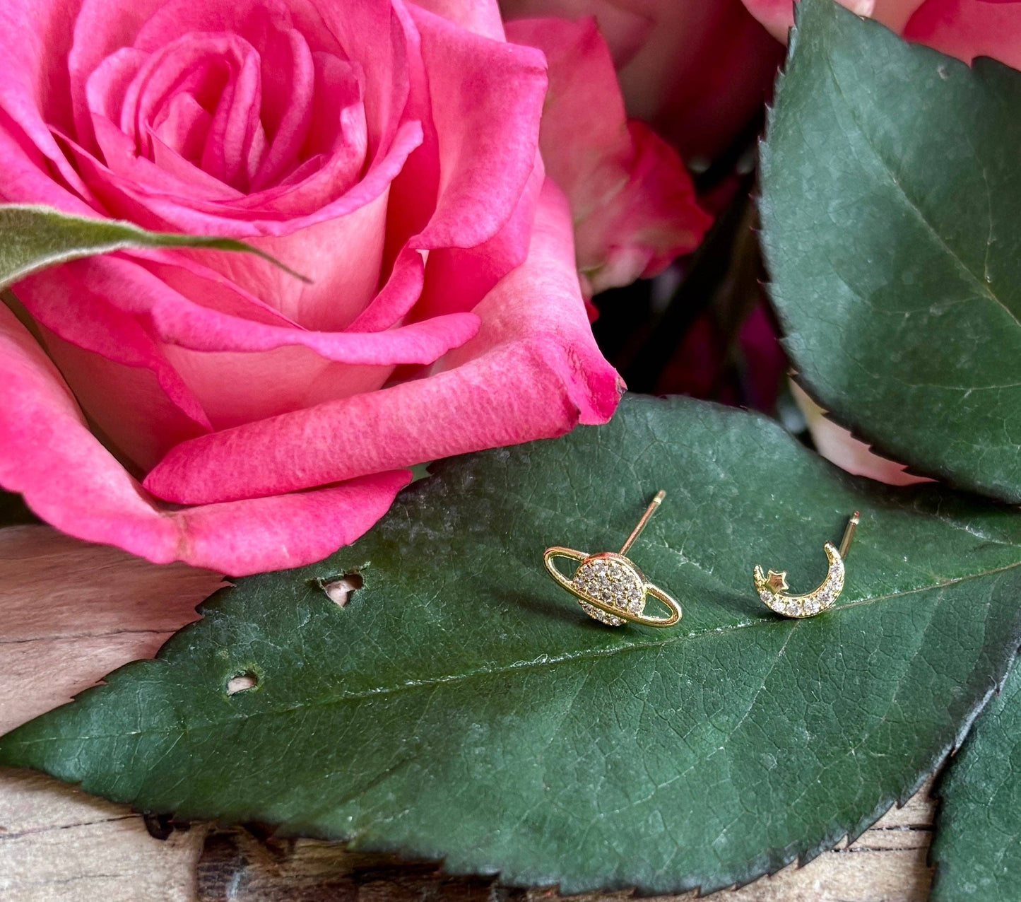 Ocean Ripples - 14ct Gold Plated Cubic Zirconia Mismatched Planet Earrings