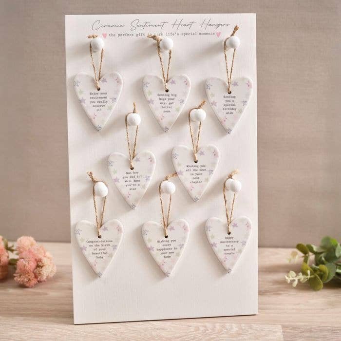 Langs - Tiny Sentiment Ceramic Mini Heart Hanger 8 Asstd Designs With 9Ds Stand 32 **