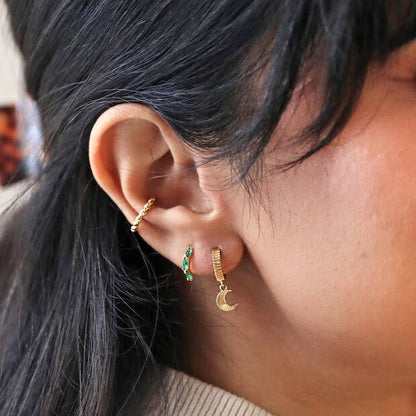 Lisa Angel - Green Baguette Crystal Huggie Hoop Earrings in Gold