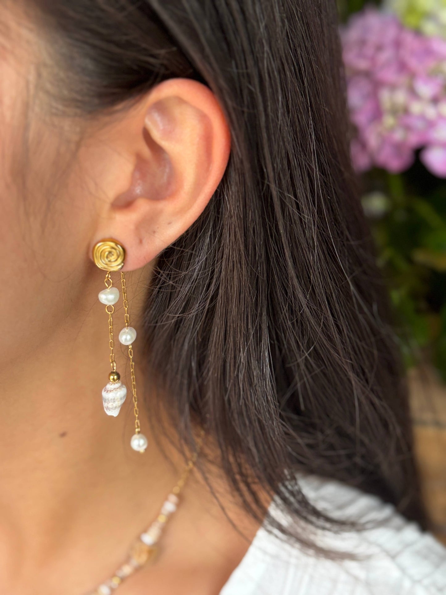 Ocean Ripples - 18ct Gold Plated Pearl Shell Dangle Earrings  