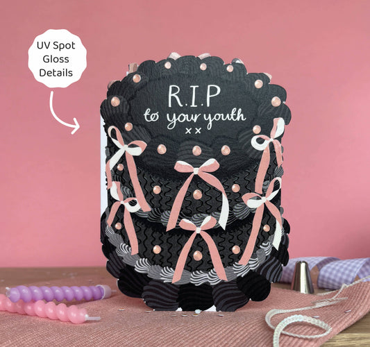 Two For Joy Illustration - RIP to your youth - Birthday Cake Shaped Greeting Card