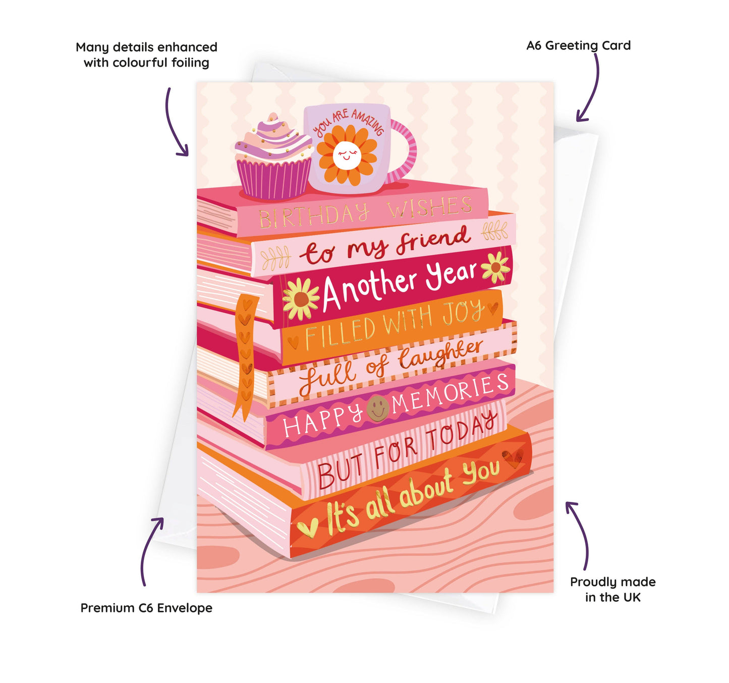 Two For Joy Illustration - Happy Birthday To My Friend - Foiled Bookish Birthday Card
