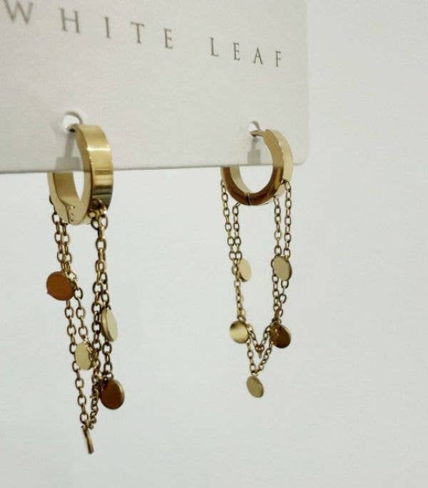 White Leaf - Chain and Disc Drop Huggie in Gold