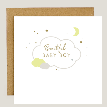 Beautiful Baby Boy Card with Taupe Cloud and Stars Design